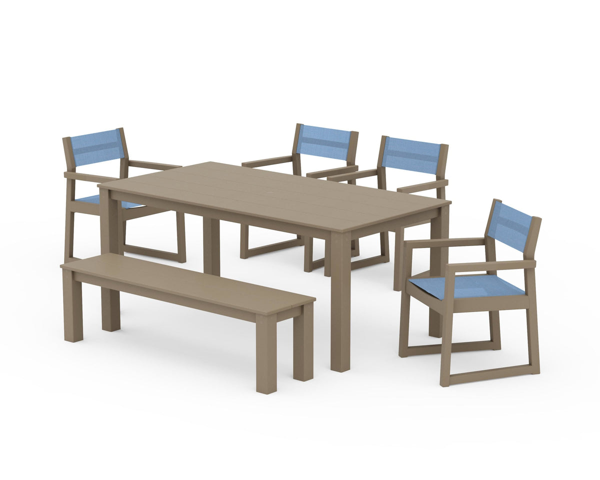 POLYWOOD EDGE Sling Arm Chair 6-Piece Parsons Dining Set with Bench in Vintage Sahara / Poolside