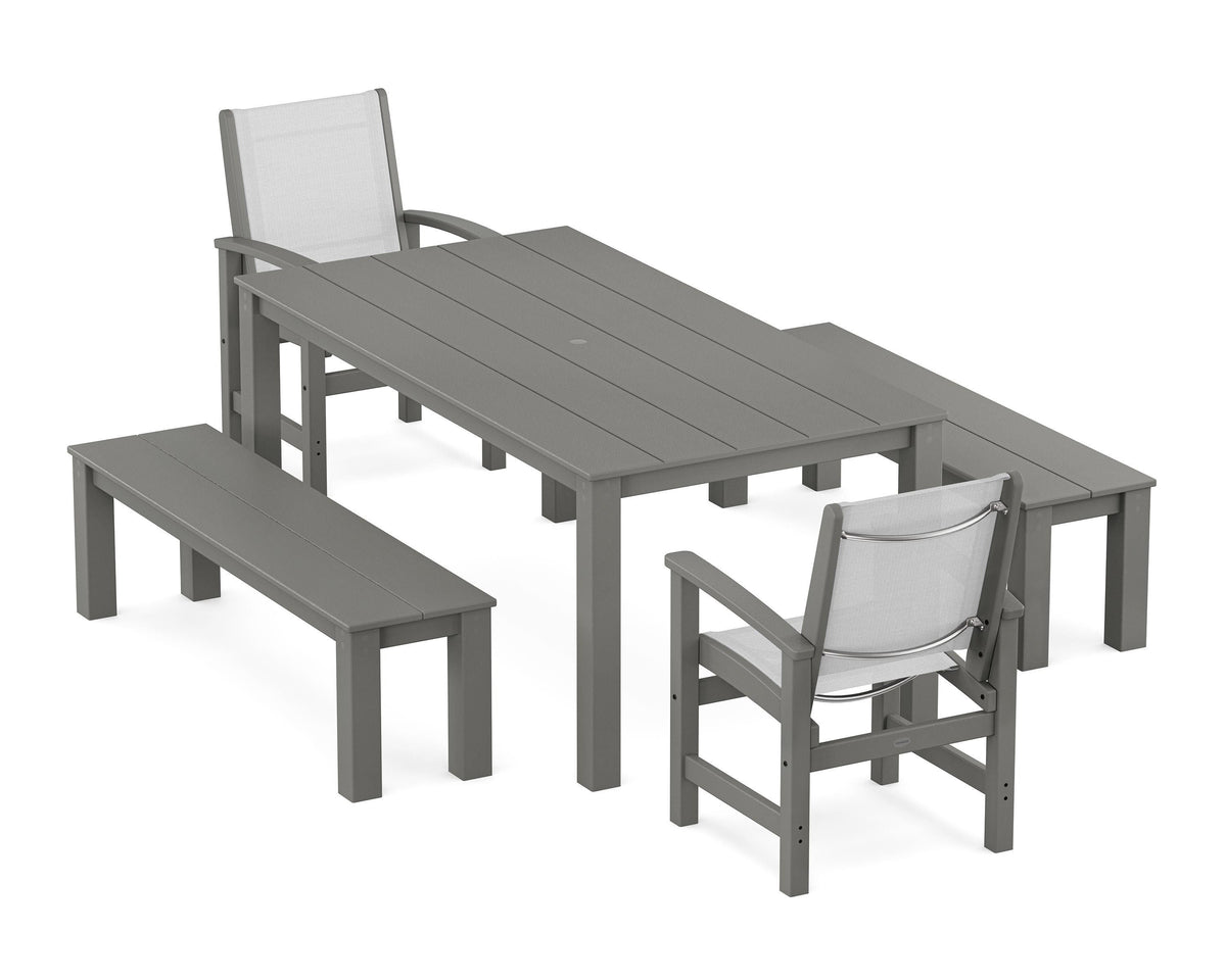 POLYWOOD Coastal 5-Piece Parsons Dining Set with Benches in Slate Grey / White