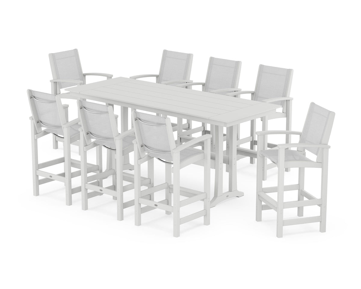 POLYWOOD Coastal 9-Piece Farmhouse Bar Set with Trestle Legs in White / White
