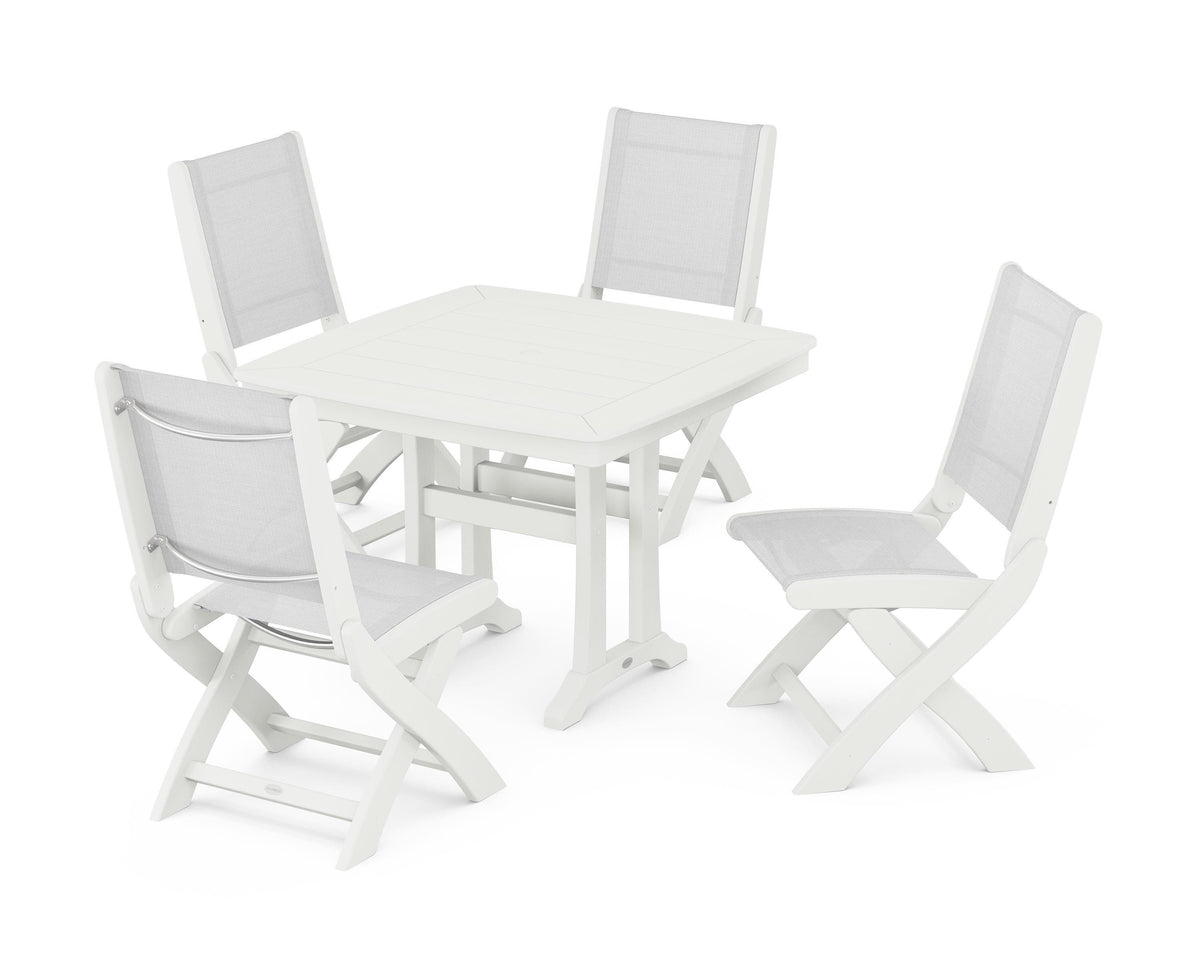 POLYWOOD Coastal Folding Side Chair 5-Piece Dining Set with Trestle Legs in Vintage White / White