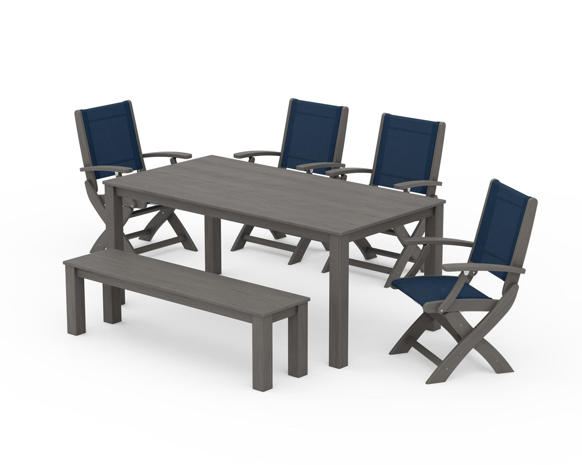POLYWOOD Coastal Folding Chair 6-Piece Parsons Dining Set with Bench in Driftwood / Navy Blue