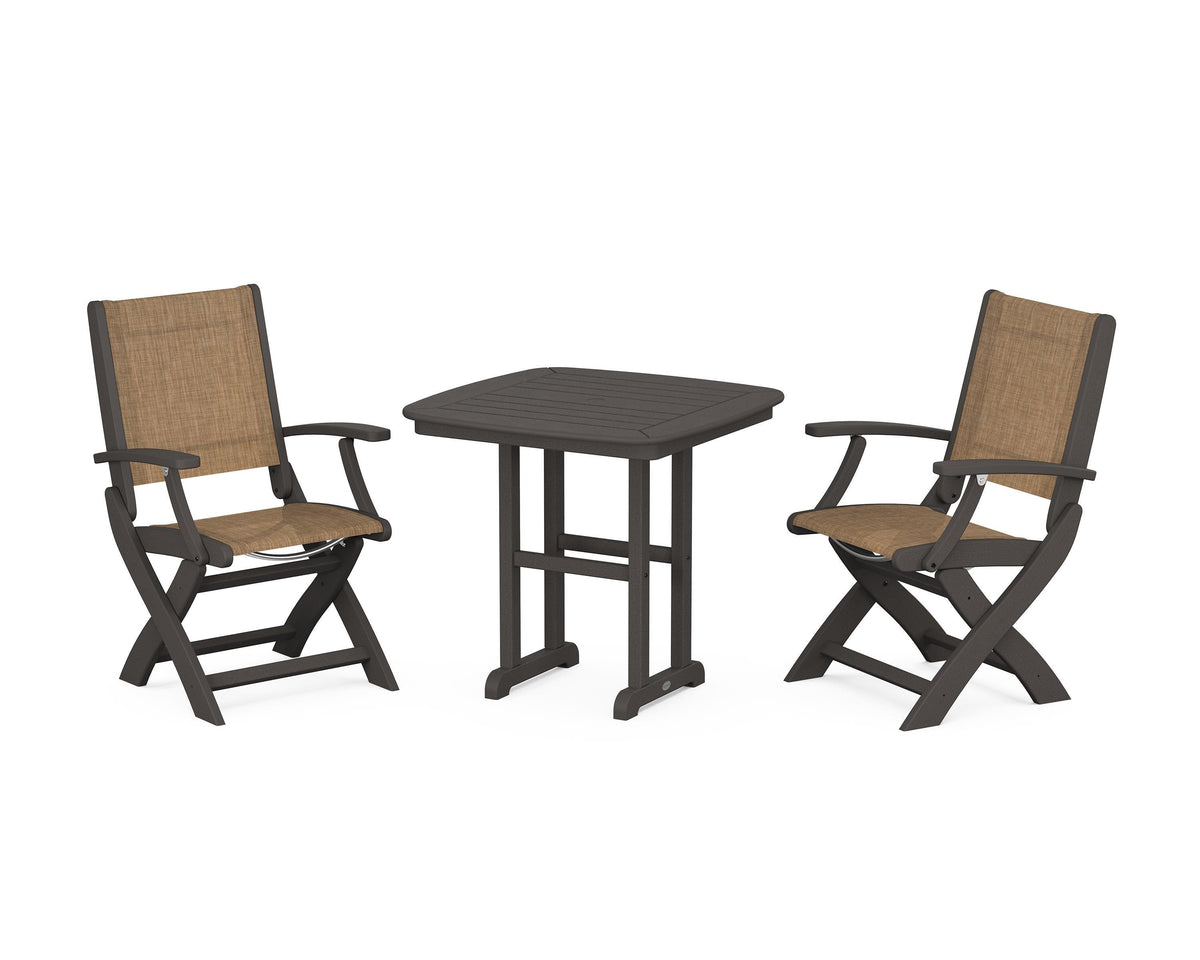 POLYWOOD Coastal Folding Chair 3-Piece Dining Set in Vintage Coffee / Burlap