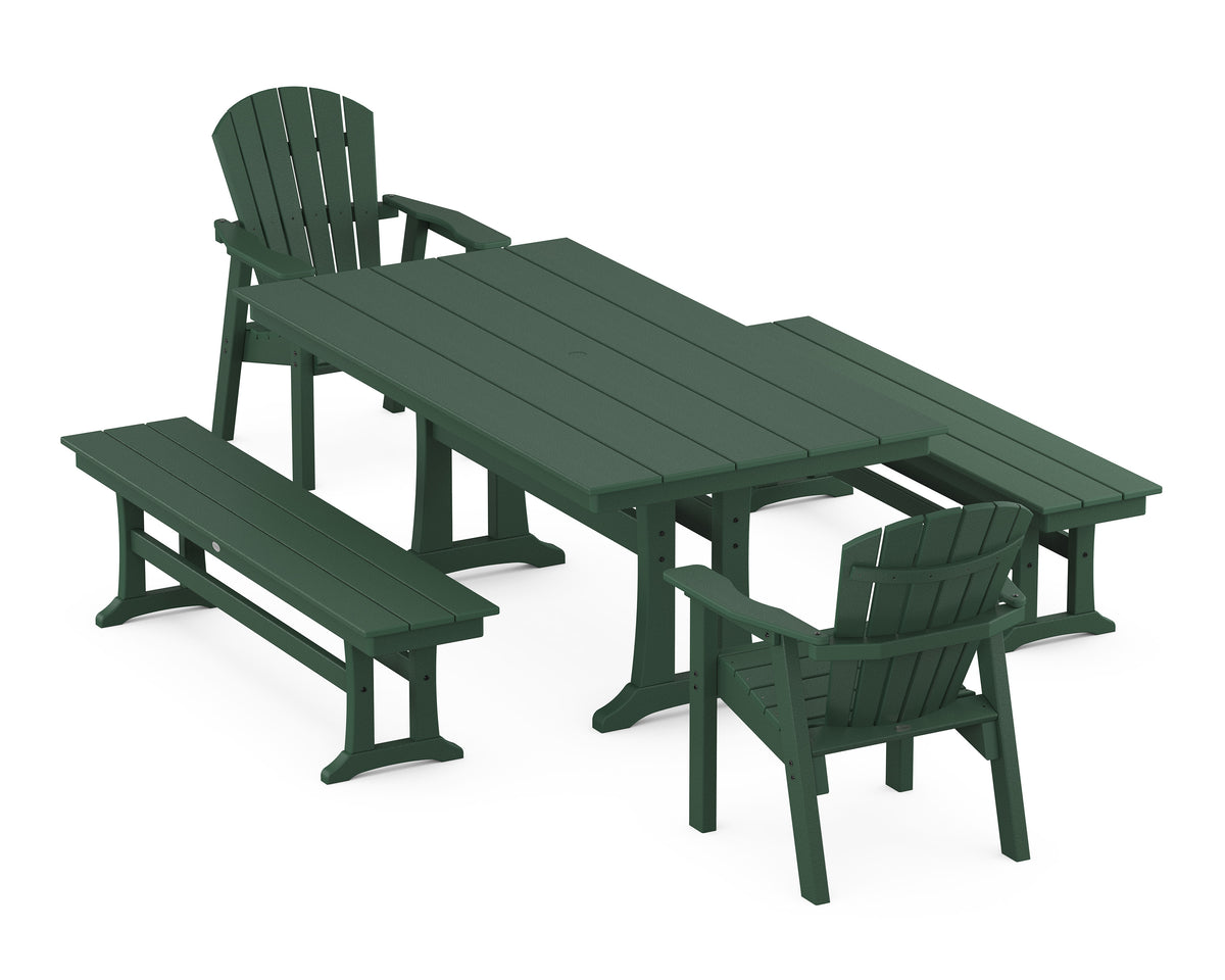 POLYWOOD Seashell 5-Piece Farmhouse Dining Set with Trestle Legs - 37" x 72" Table in Green