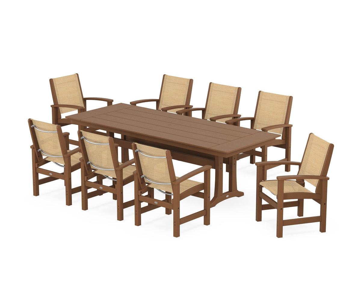 POLYWOOD Coastal 9-Piece Farmhouse Dining Set with Trestle Legs in Teak / Dupioni Apricot