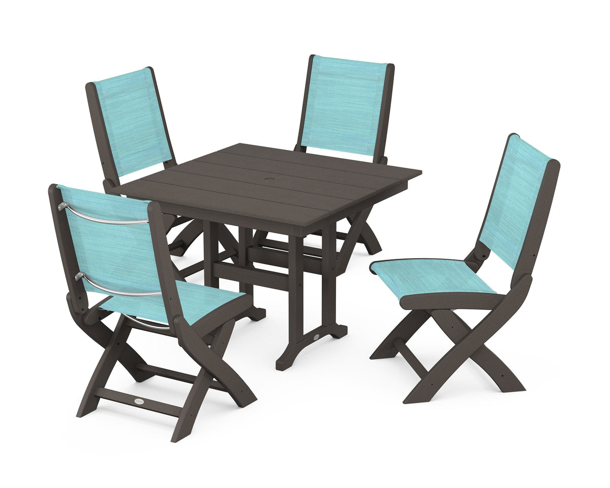 POLYWOOD Coastal Folding Side Chair 5-Piece Farmhouse Dining Set in Vintage Coffee / Dupioni Aquamarine