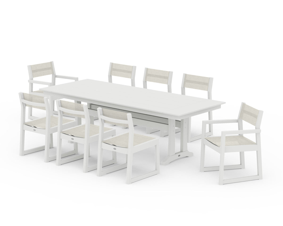 POLYWOOD EDGE Sling 9-Piece Farmhouse Trestle Dining Set in Vintage White / Parchment