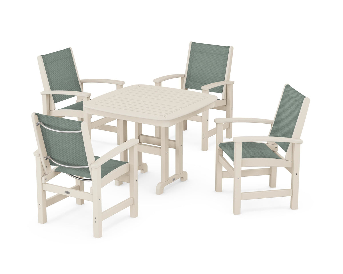 POLYWOOD Coastal 5-Piece Dining Set with Nautical 37" Dining Table in Sand / Dupioni Sea Mist