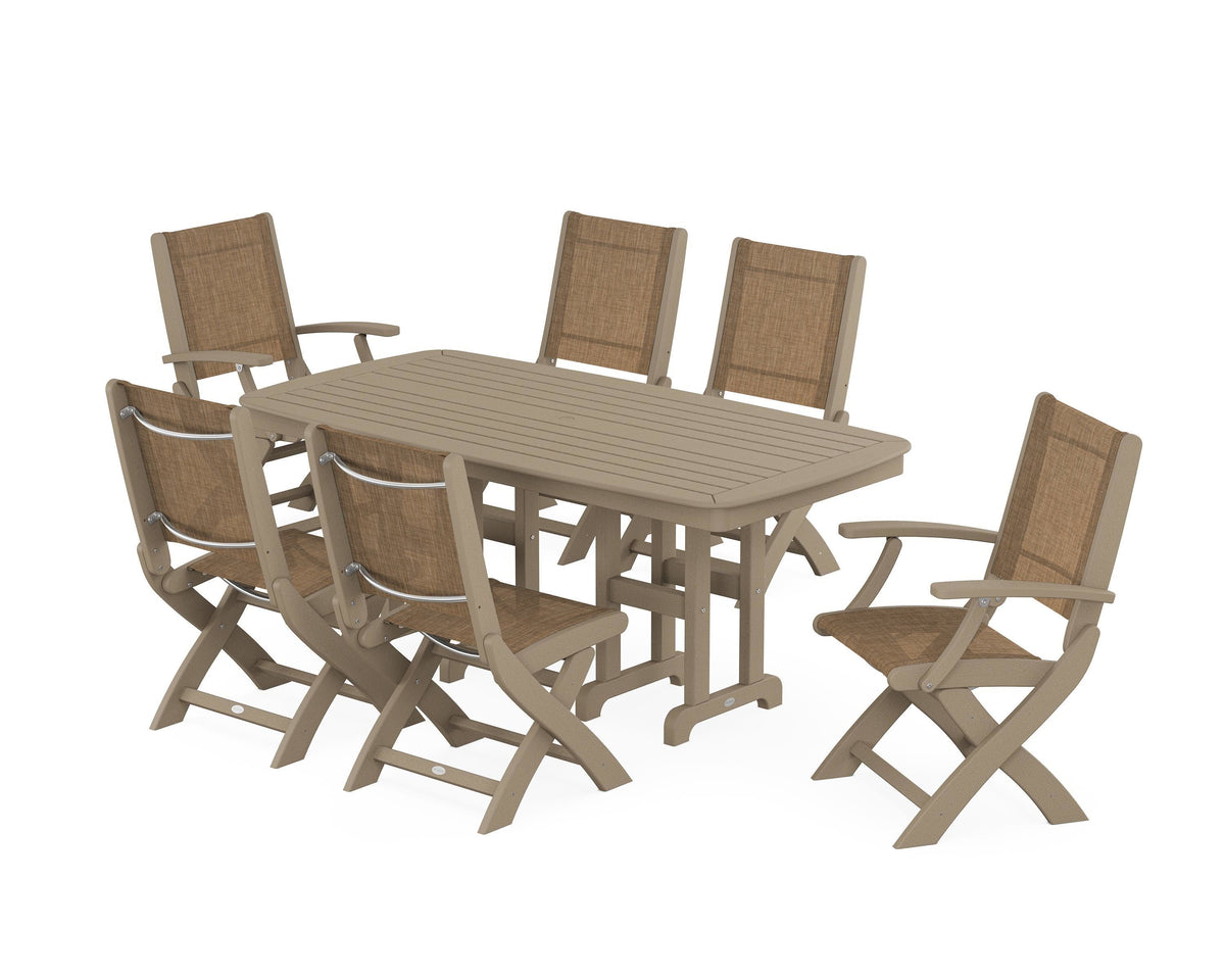 POLYWOOD Coastal Folding Chair 7-Piece Dining Set in Vintage Sahara / Burlap