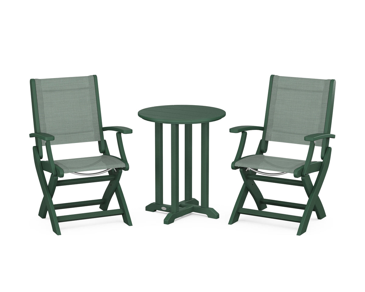 POLYWOOD Coastal Folding 3-Piece Round Bistro Dining Set in Green / Dupioni Sea Mist