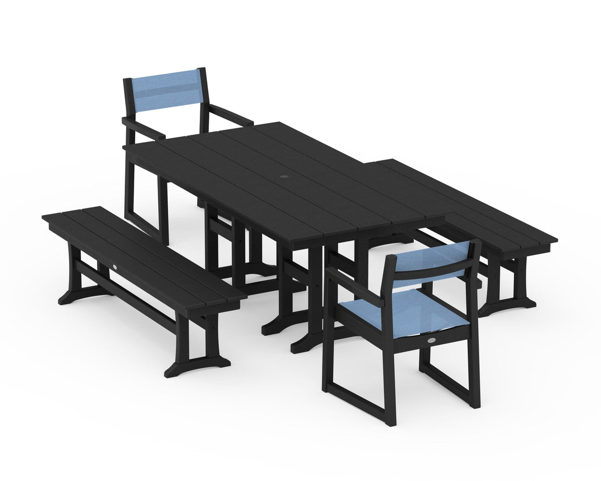 POLYWOOD EDGE Sling Arm Chair 5-Piece Farmhouse Dining Set with Benches in Black / Poolside