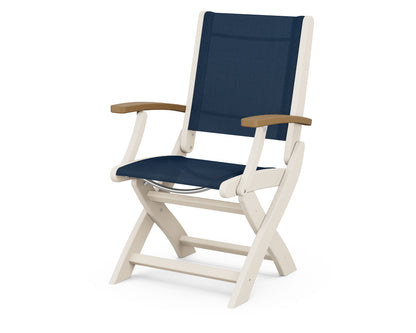 POLYWOOD Coastal Folding Chair in Sand with Natural arms and Navy Blue sling