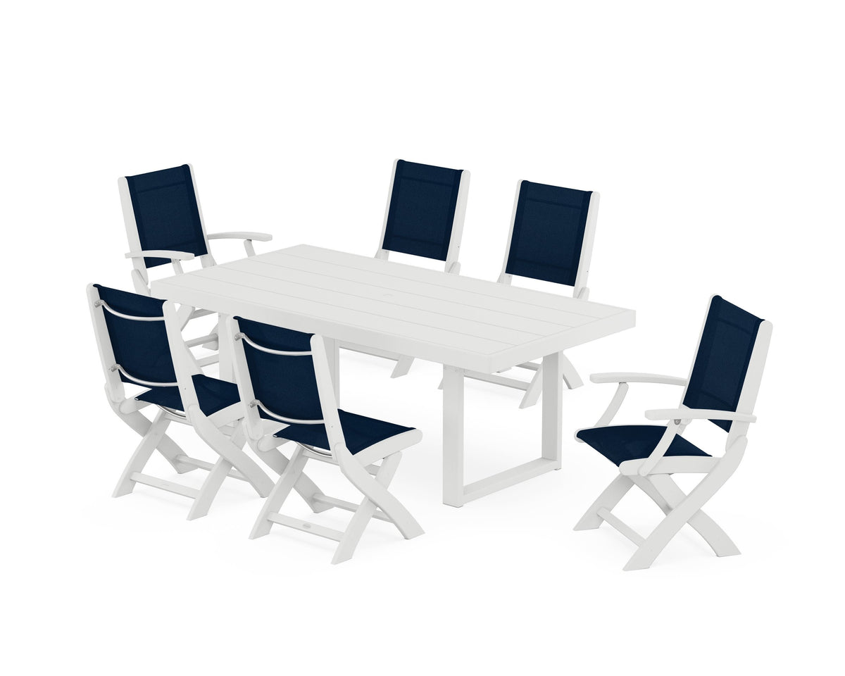 POLYWOOD Coastal Folding Chair 7-Piece Dining Set with Trestle Legs with EDGE 40" x 78" Dining Table in White / Navy Blue