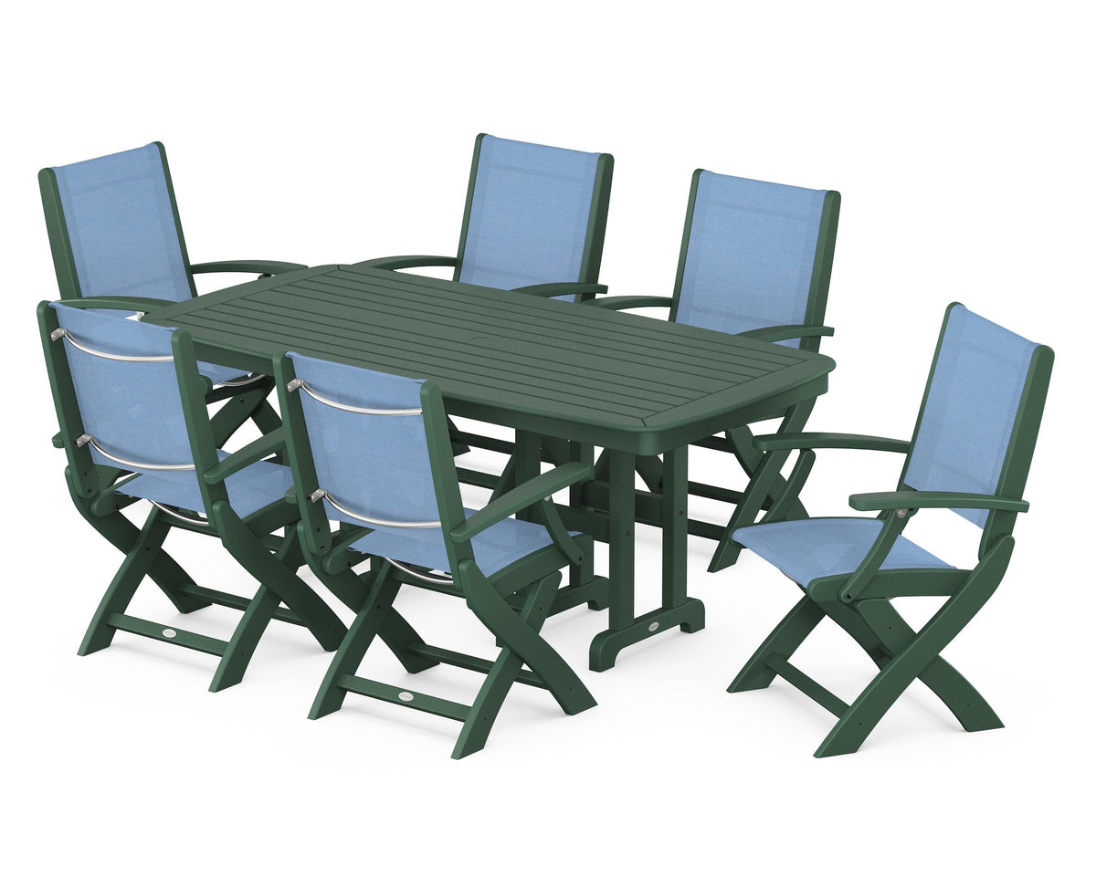 POLYWOOD Coastal Folding Arm Chair 7-Piece Dining Set in Green / Poolside
