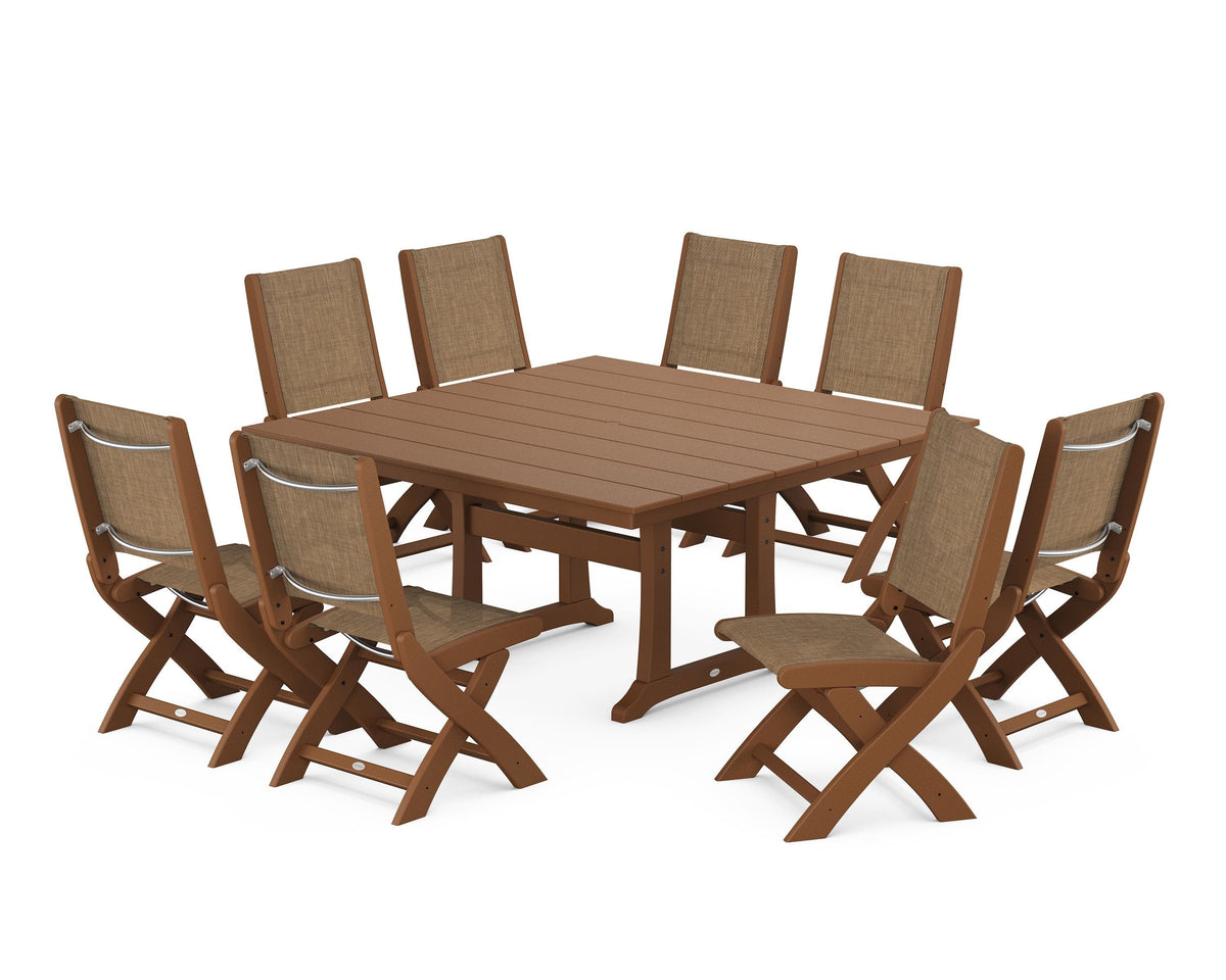 POLYWOOD Coastal Folding Side Chair 9-Piece Farmhouse Dining Set in Teak / Burlap