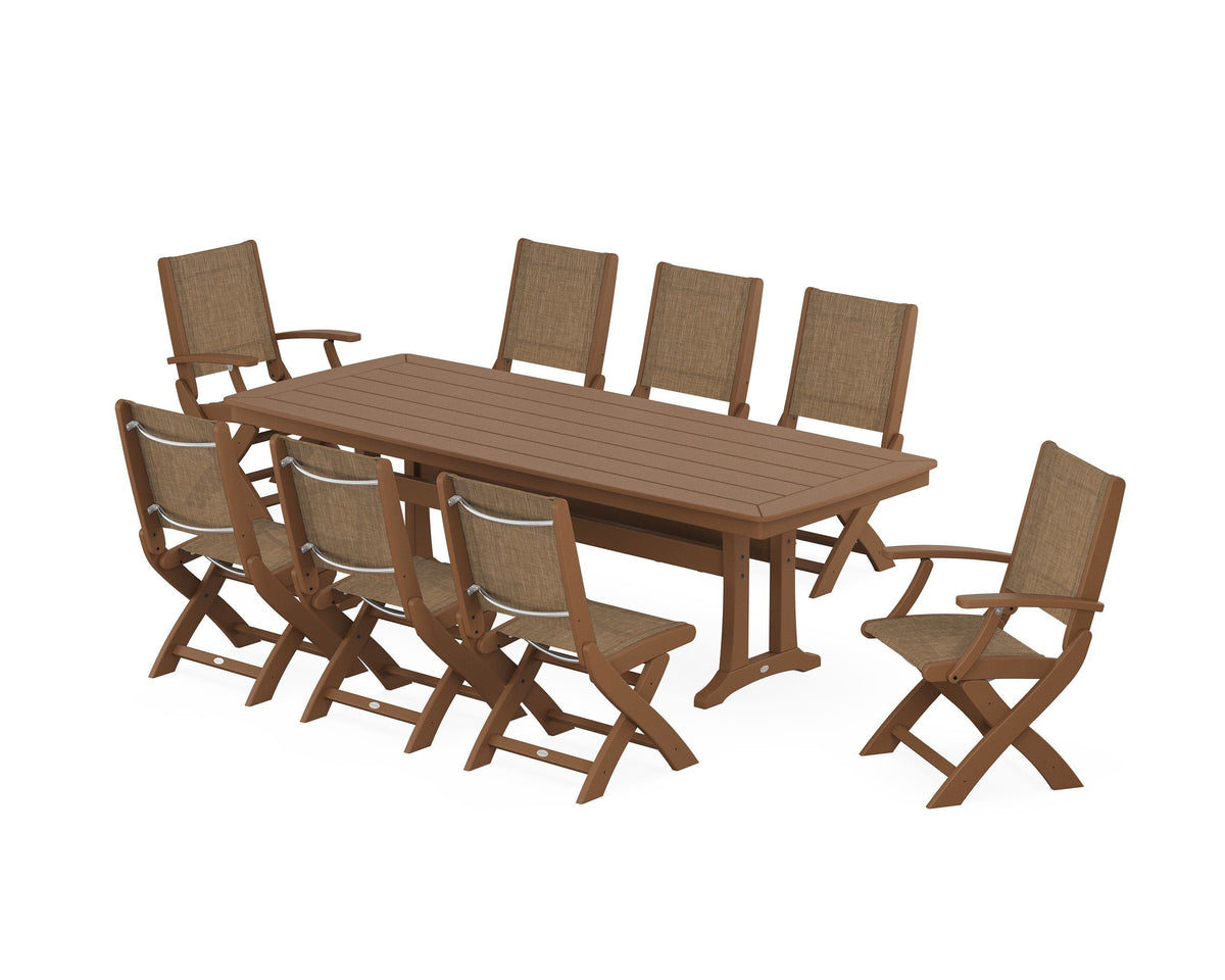 POLYWOOD Coastal Folding 9-Piece Dining Set with Trestle Legs in Teak / Burlap