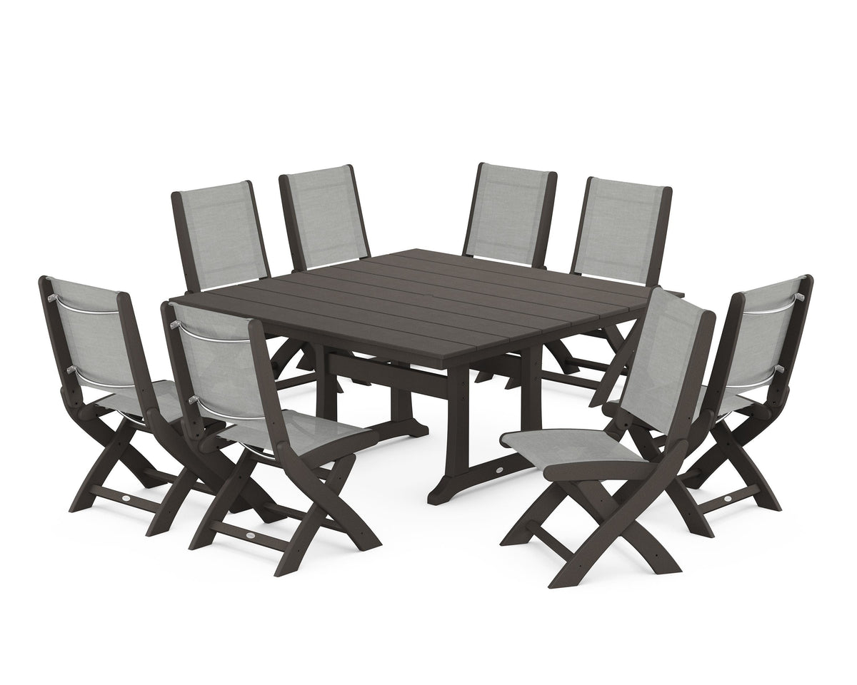 POLYWOOD Coastal Folding Side Chair 9-Piece Farmhouse Dining Set in Vintage Coffee / Metallic