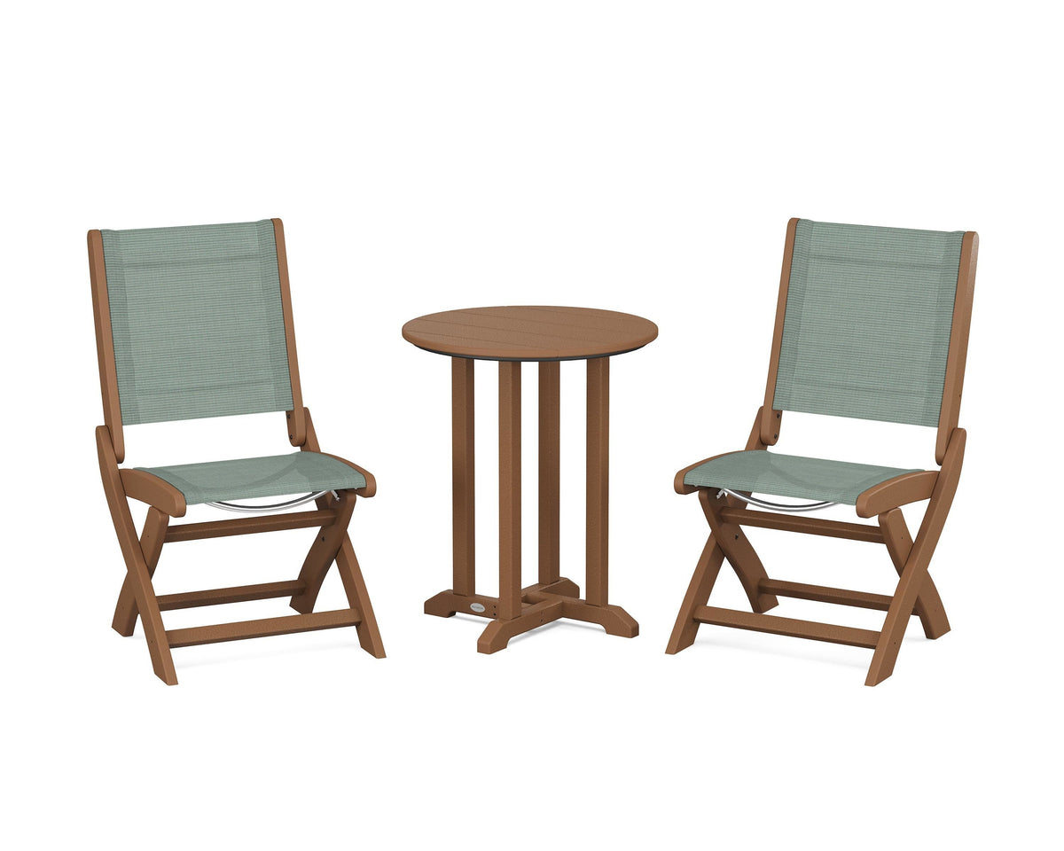 POLYWOOD Coastal Folding Side Chair 3-Piece Round Bistro Dining Set in Teak / Dupioni Sea Mist