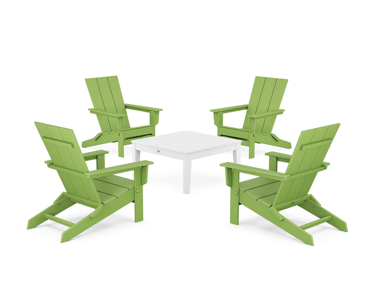 POLYWOOD 5-Piece Modern Studio Folding Adirondack Chair Conversation Group in Lime / White