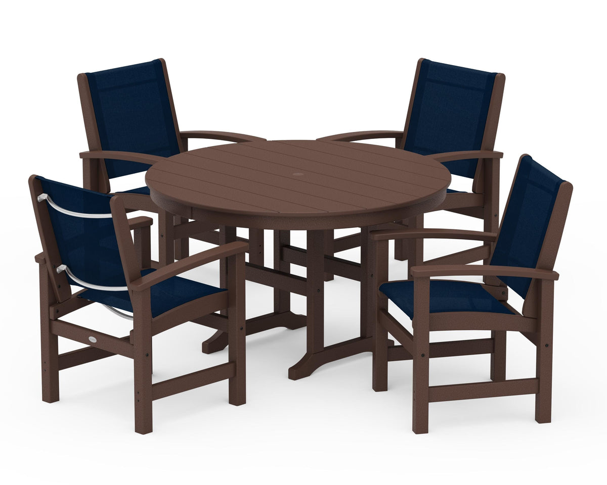 POLYWOOD Coastal 5-Piece Round Farmhouse Dining Set in Mahogany / Navy Blue