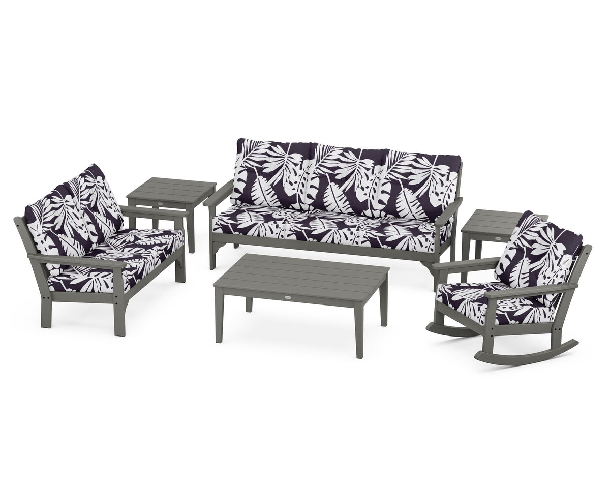 POLYWOOD Vineyard 6-Piece Deep Seating Set with Rocking Chair in Slate Grey / Leaf Navy
