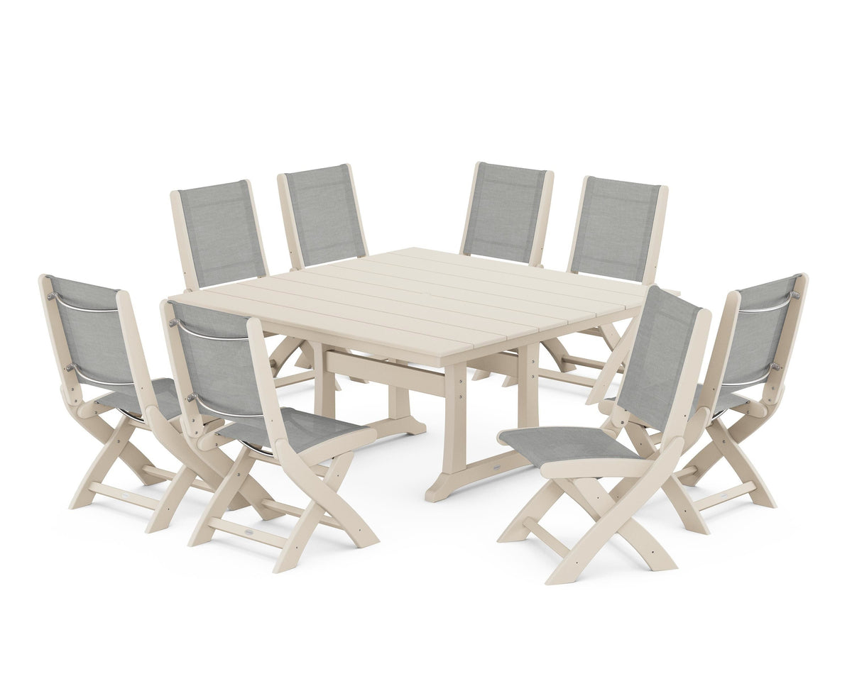 POLYWOOD Coastal Folding Side Chair 9-Piece Farmhouse Dining Set in Sand / Metallic