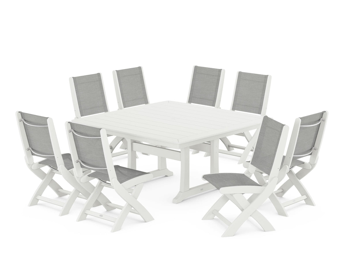 POLYWOOD Coastal Folding Side Chair 9-Piece Dining Set with Trestle Legs in Vintage White / Metallic