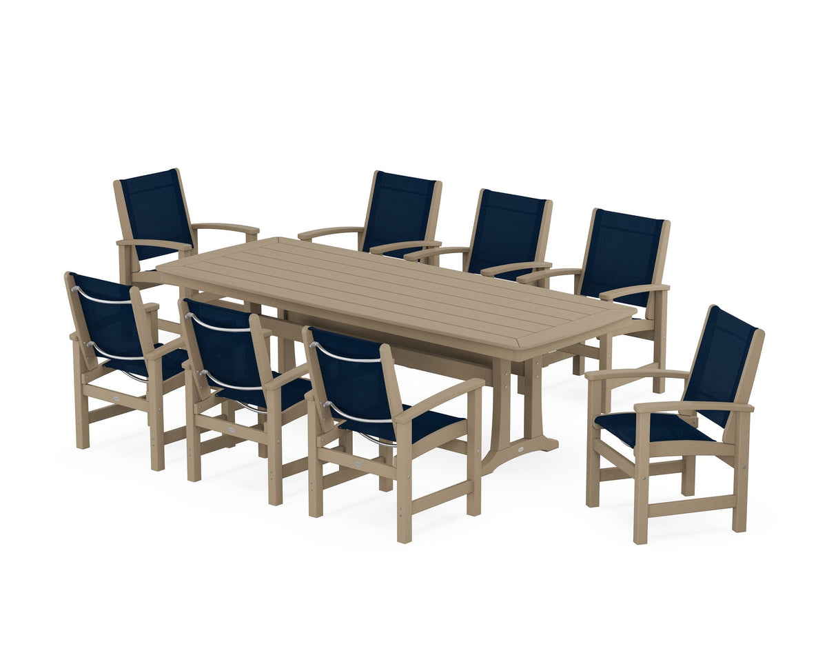 POLYWOOD Coastal 9-Piece Dining Set with Trestle Legs in Vintage Sahara / Navy Blue
