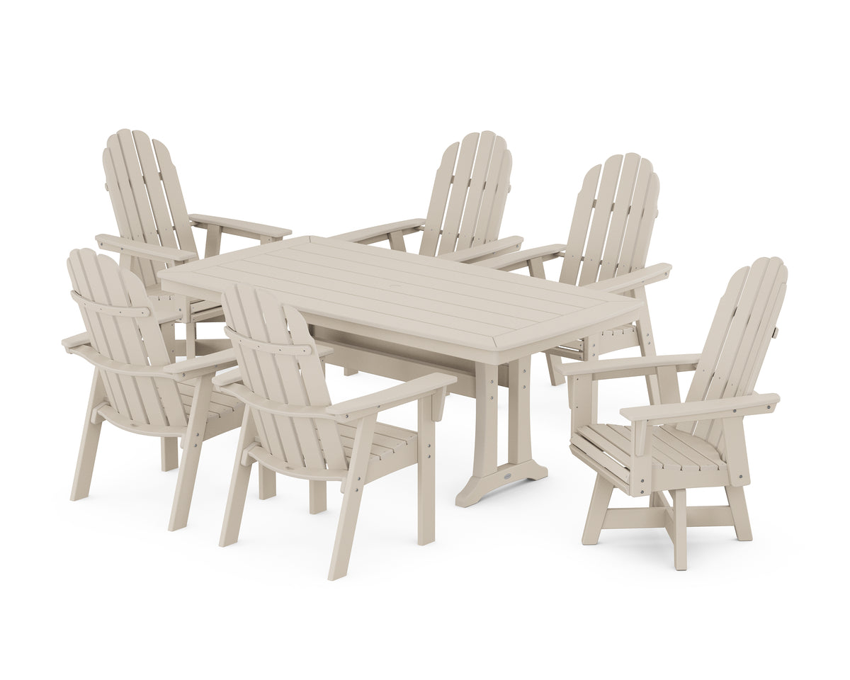POLYWOOD Vineyard Curveback Adirondack Swivel Chair 7-Piece Dining Set with Trestle Legs in Sand