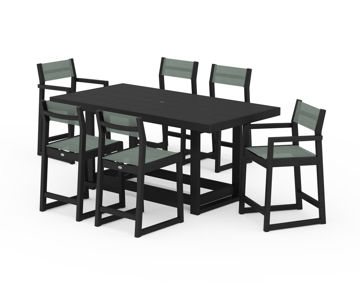 POLYWOOD EDGE Sling 7-Piece Counter Table Set in Black / Dupioni Sea Mist