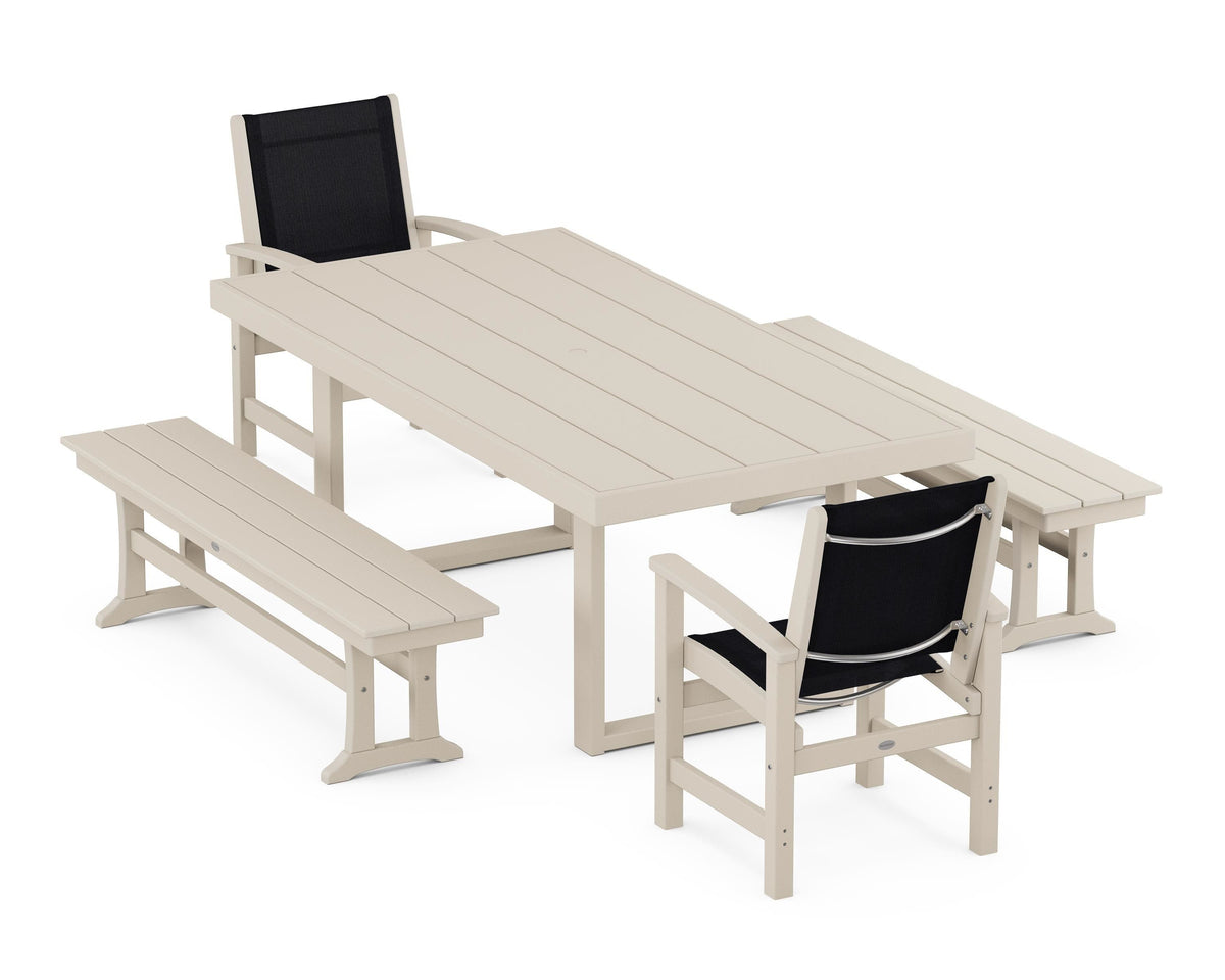 POLYWOOD Coastal 5-Piece Dining Set with Trestle Legs with EDGE 40" x 78" Dining Table in Sand / Black