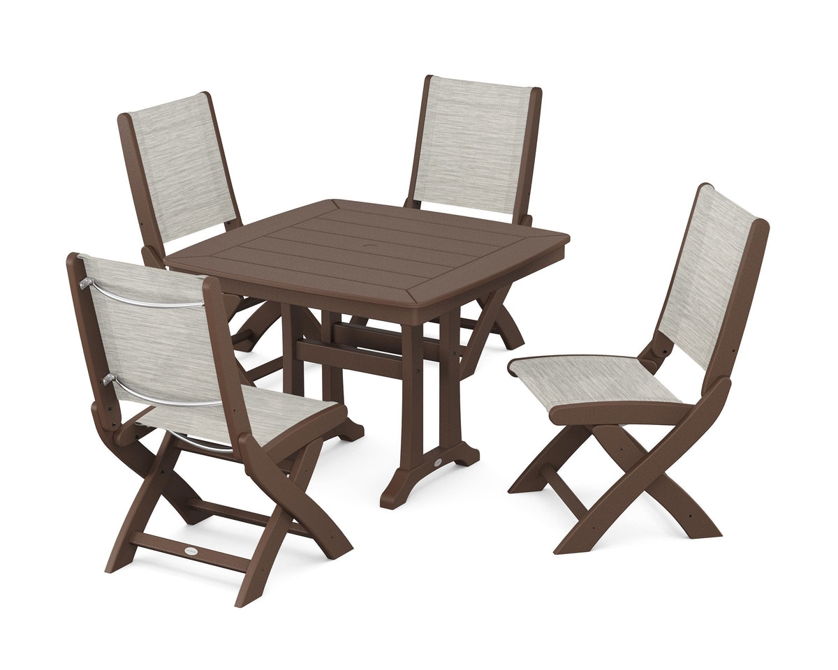 POLYWOOD Coastal Folding Side Chair 5-Piece Dining Set with Trestle Legs in Mahogany / Birch