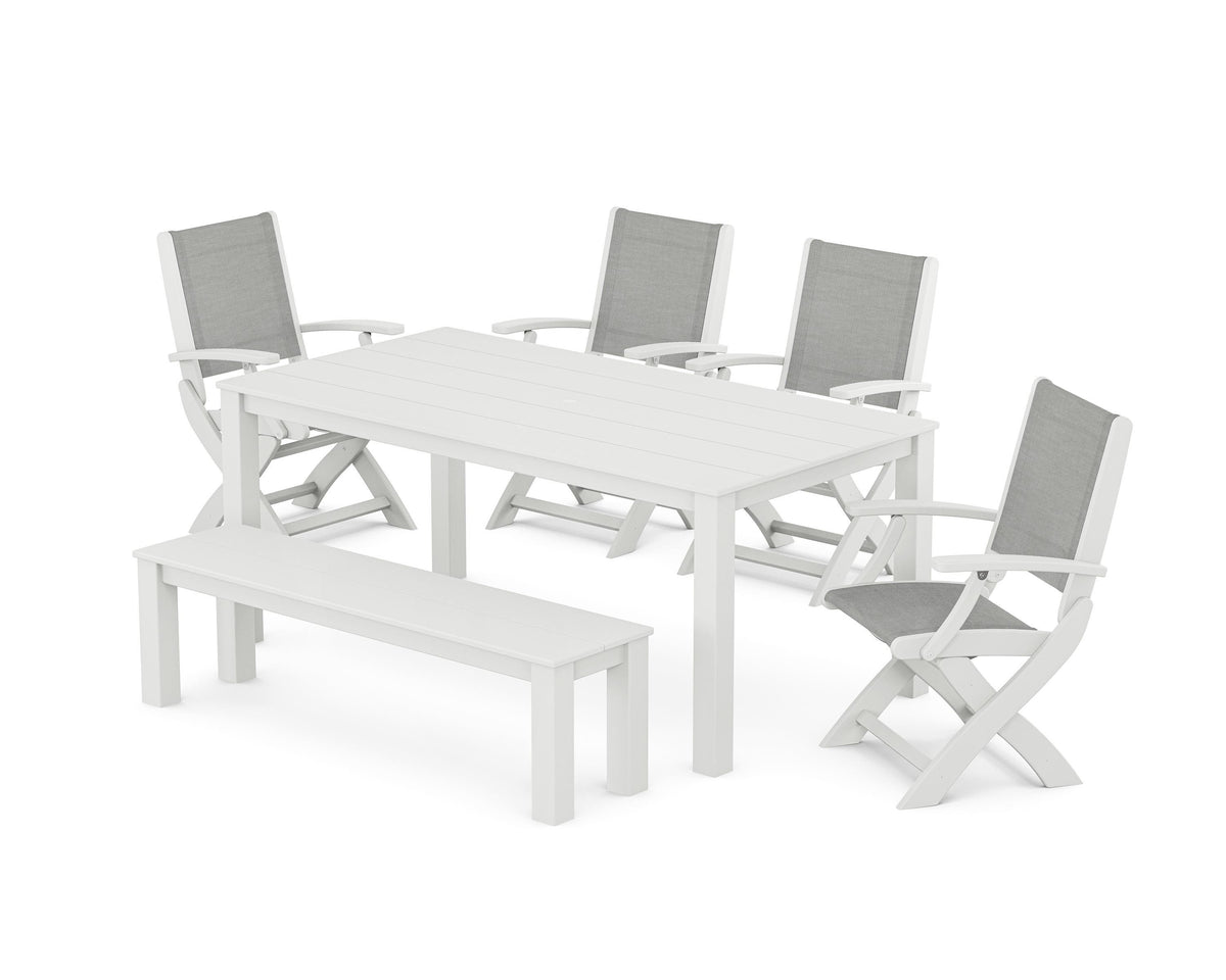POLYWOOD Coastal Folding Chair 6-Piece Parsons Dining Set with Bench in White / Metallic