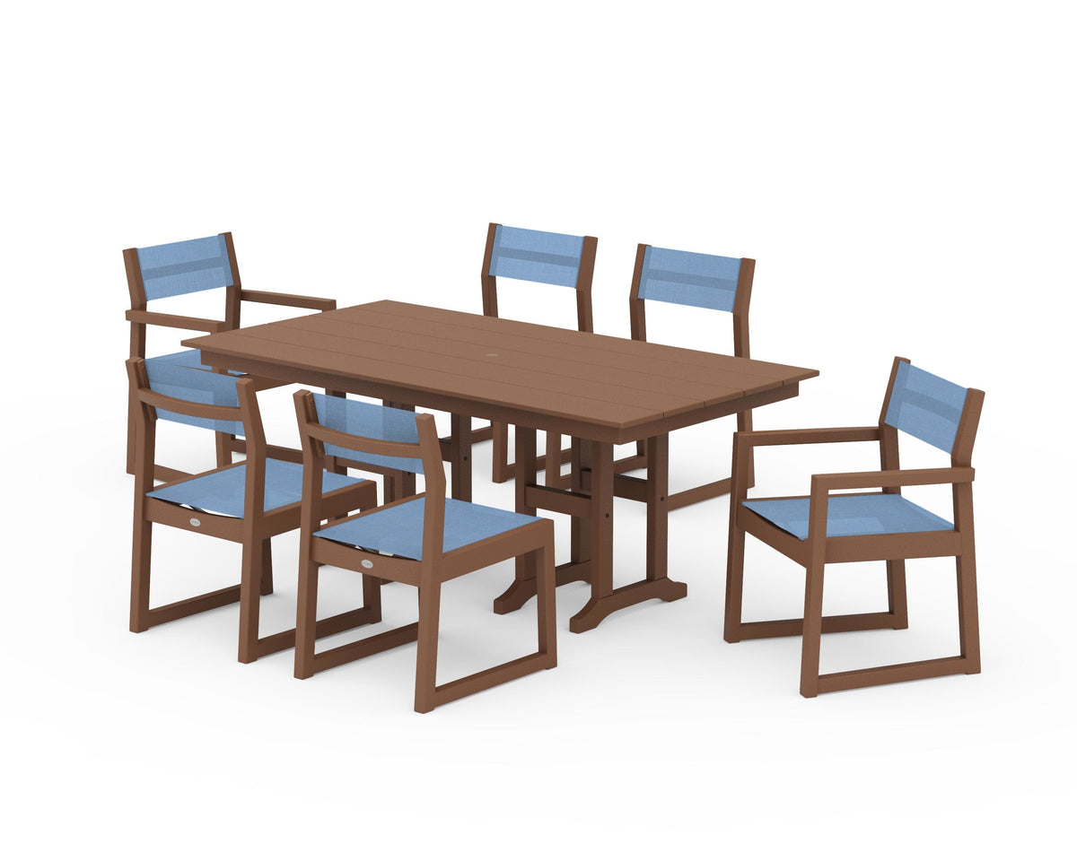 POLYWOOD EDGE Sling 7-Piece Farmhouse Dining Set in Teak / Poolside