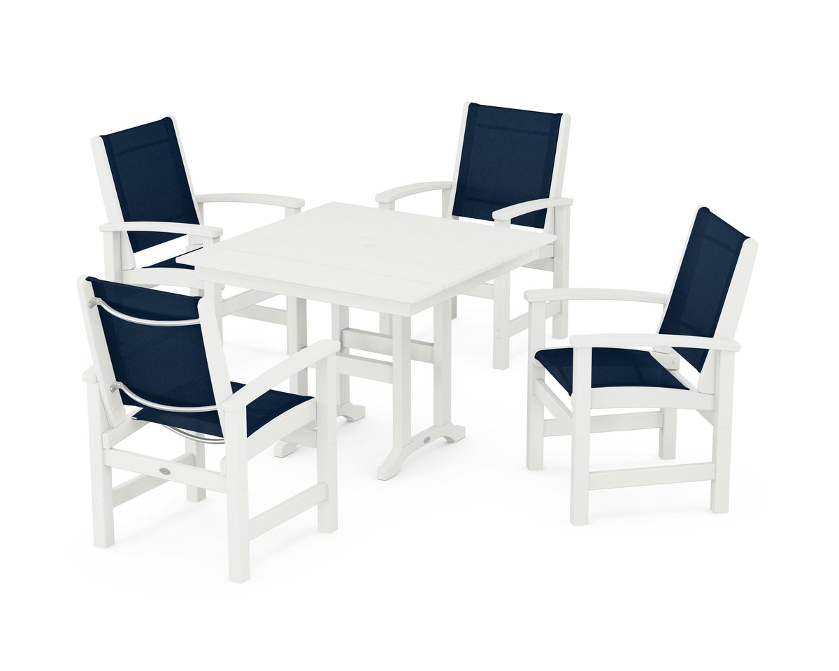 POLYWOOD Coastal 5-Piece Farmhouse Dining Set with Farmhouse 37" Dining Table in Vintage White / Navy Blue