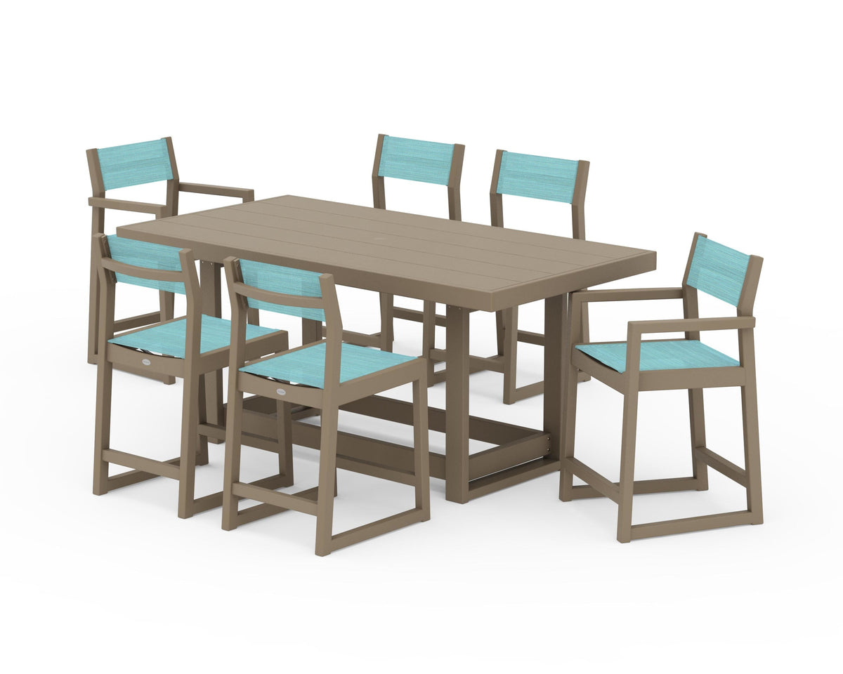 POLYWOOD EDGE Sling 7-Piece Counter Table Set in Vintage Sahara / Dupioni Aquamarine