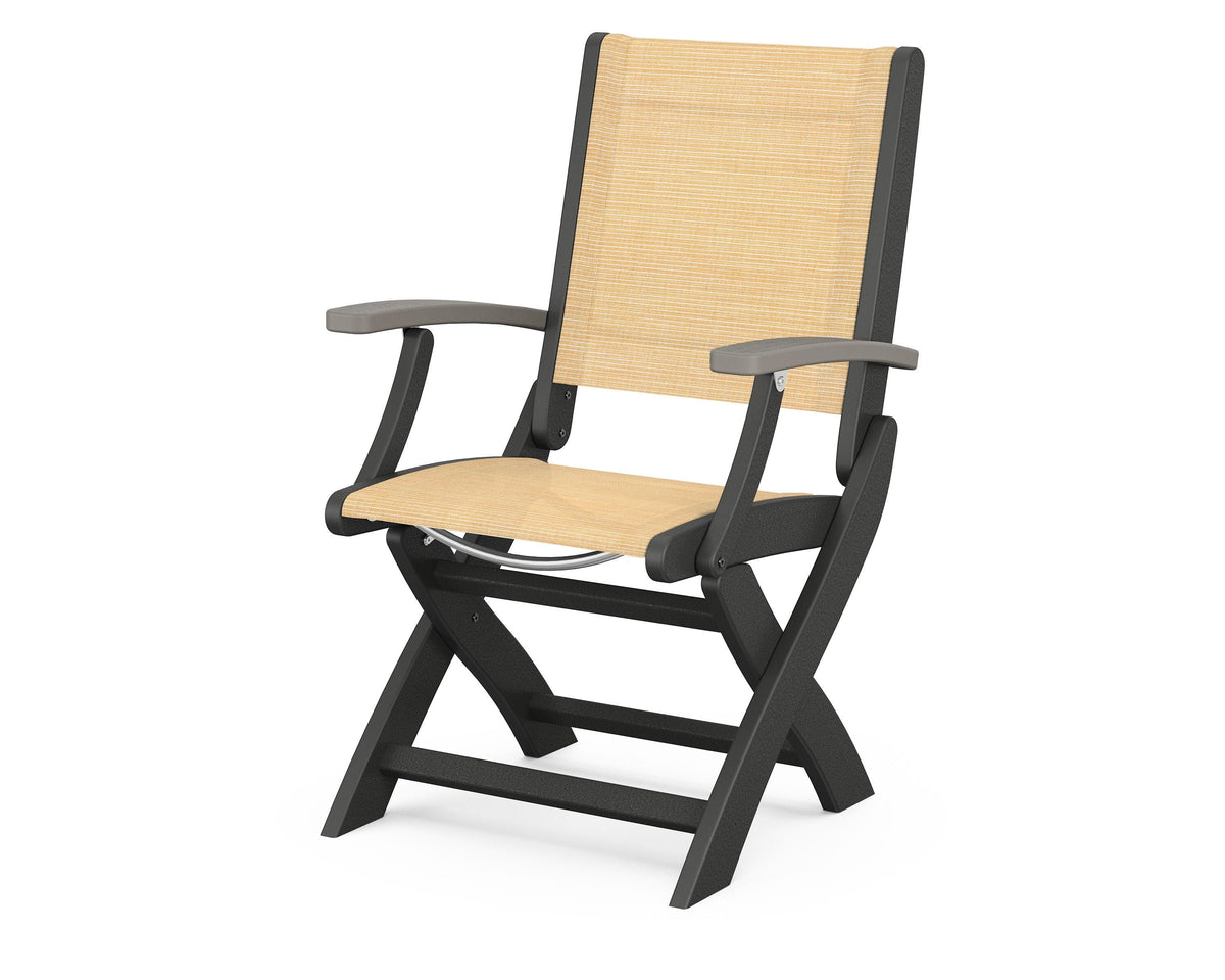 POLYWOOD Coastal Folding Chair in Black with Driftwood arms and Dupioni Apricot sling