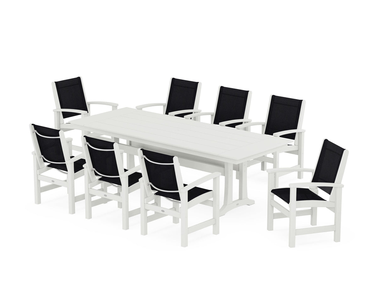 POLYWOOD Coastal 9-Piece Farmhouse Dining Set with Trestle Legs in Vintage White / Black