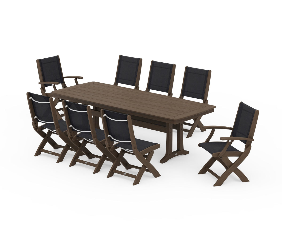 POLYWOOD Coastal Folding 9-Piece Dining Set with Trestle Legs in Kona / Black
