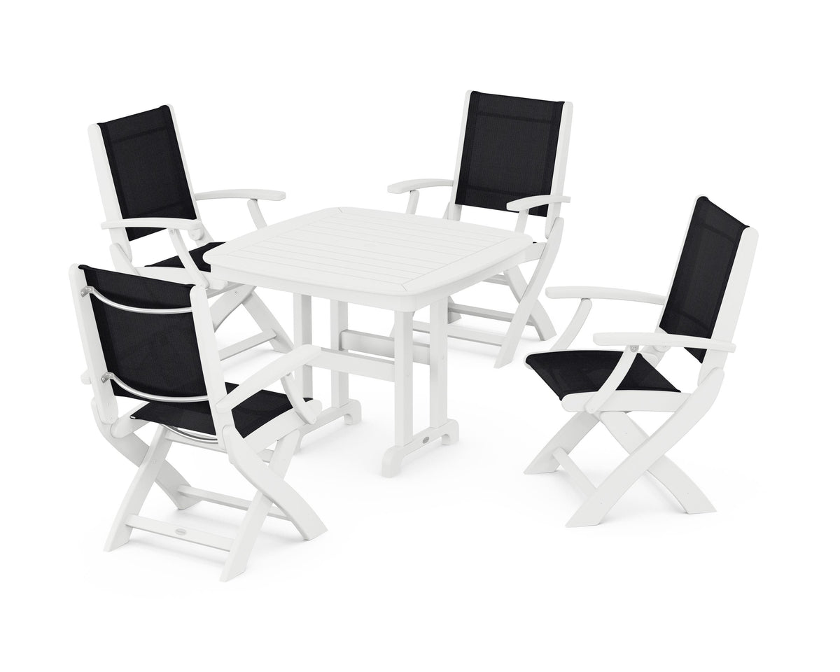 POLYWOOD Coastal Folding Chair 5-Piece Dining Set with Nautical 37" Dining Table in White / Black