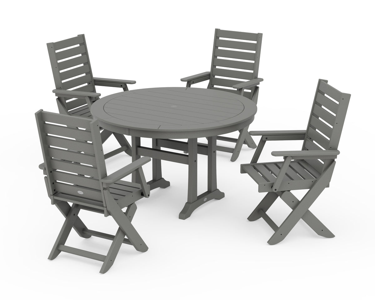 POLYWOOD Captain Folding Chair 5-Piece Round Dining Set with Trestle Legs in Slate Grey