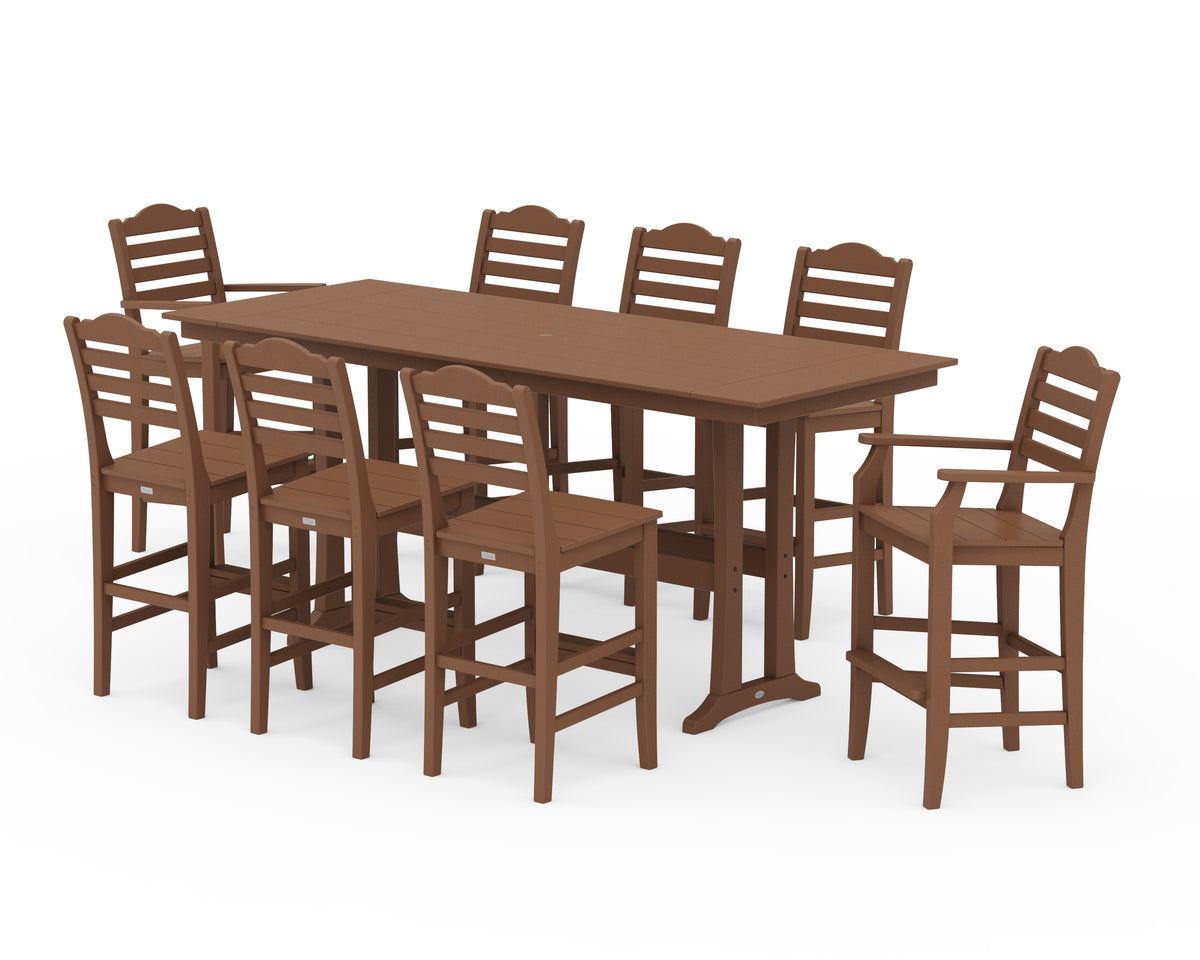 POLYWOOD Savannah 9-Piece Farmhouse Bar Set with Trestle Legs in Teak