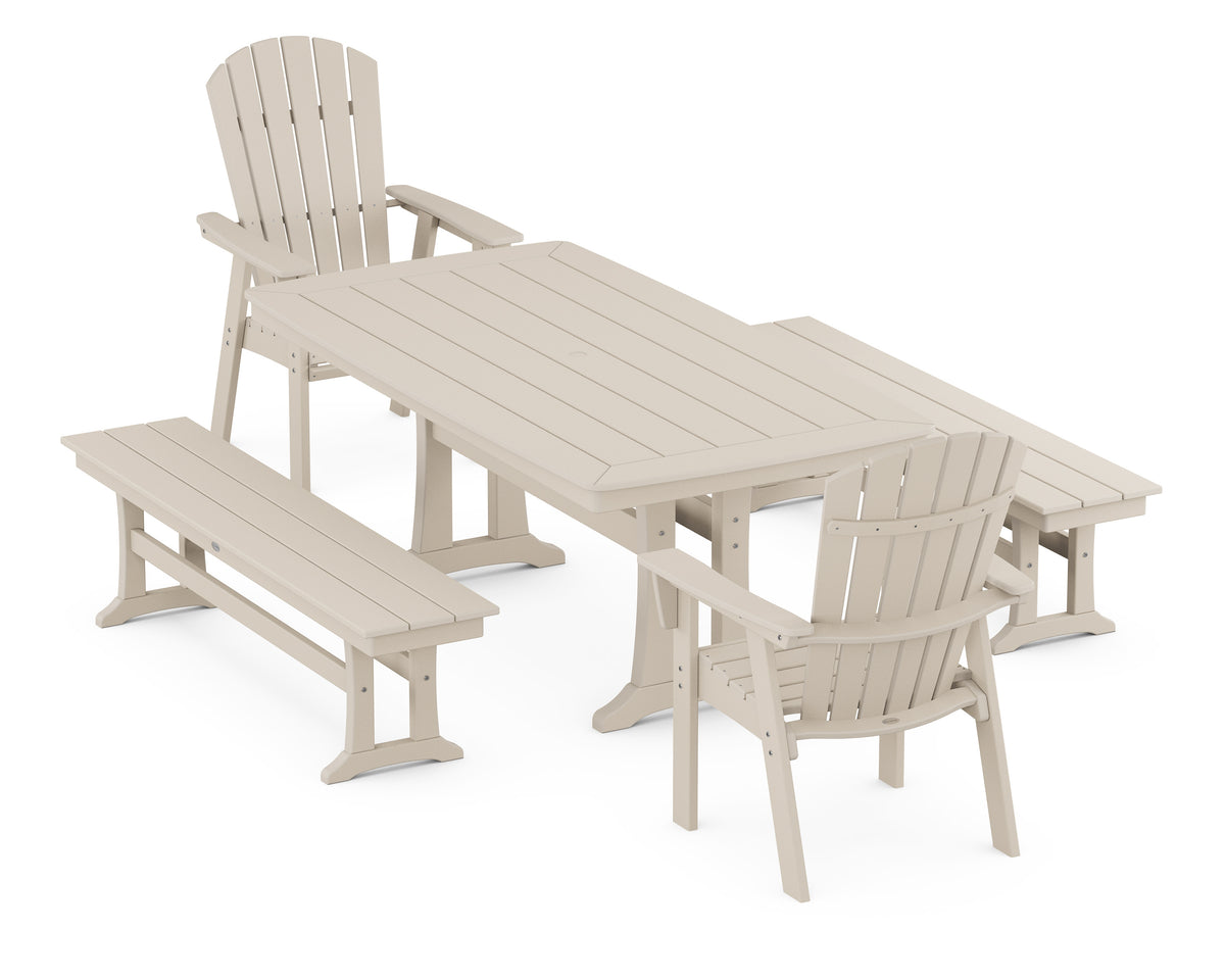 POLYWOOD Nautical Adirondack 5-Piece Dining Set with Trestle Legs - 38" x 73" Table in Sand