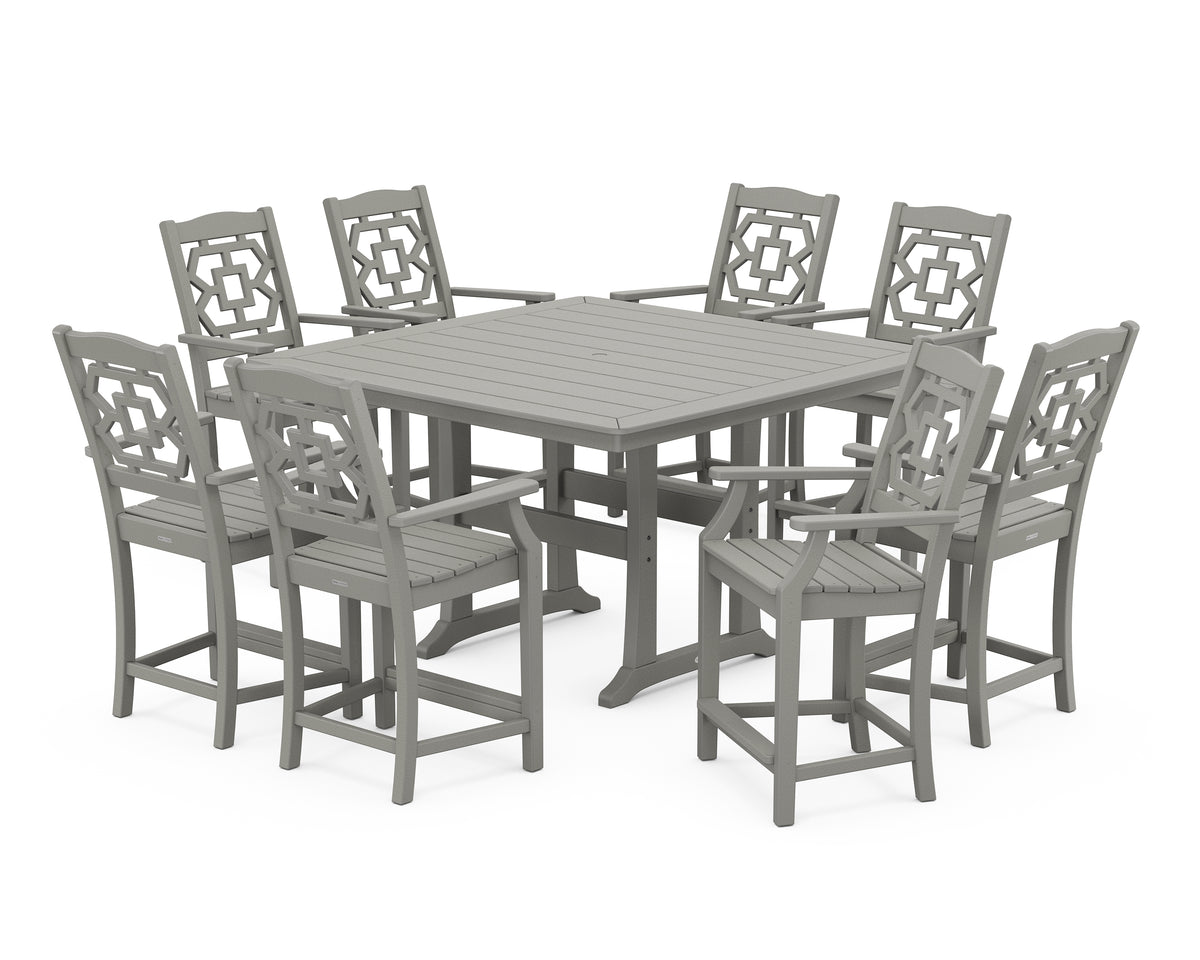 POLYWOOD Chinoiserie 9-Piece Square Counter Set with Trestle Legs in Slate Grey