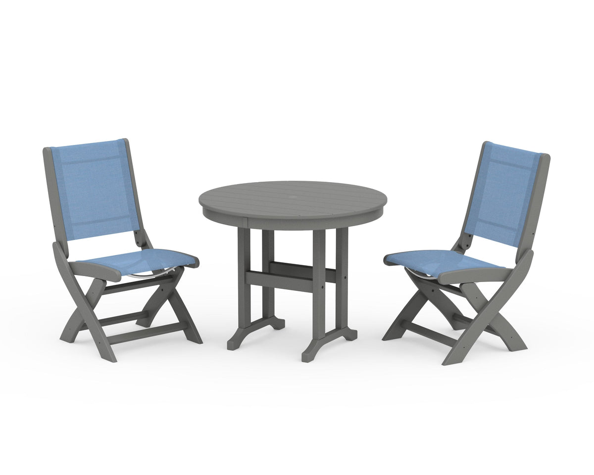 POLYWOOD Coastal Folding Side Chair 3-Piece Round Dining Set in Slate Grey / Poolside