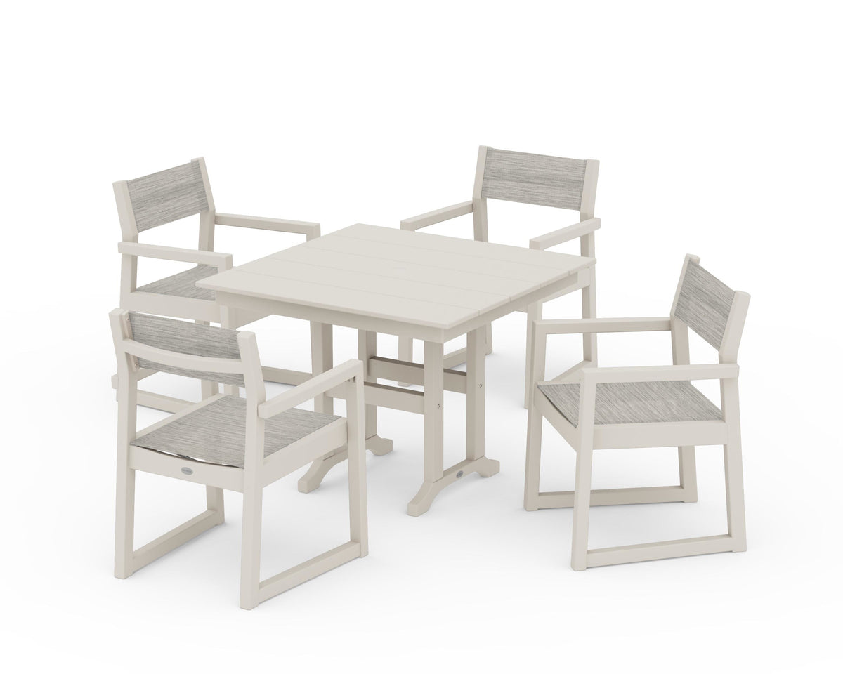 POLYWOOD EDGE Sling Arm Chair 5-Piece Farmhouse Dining Set in Sand / Birch