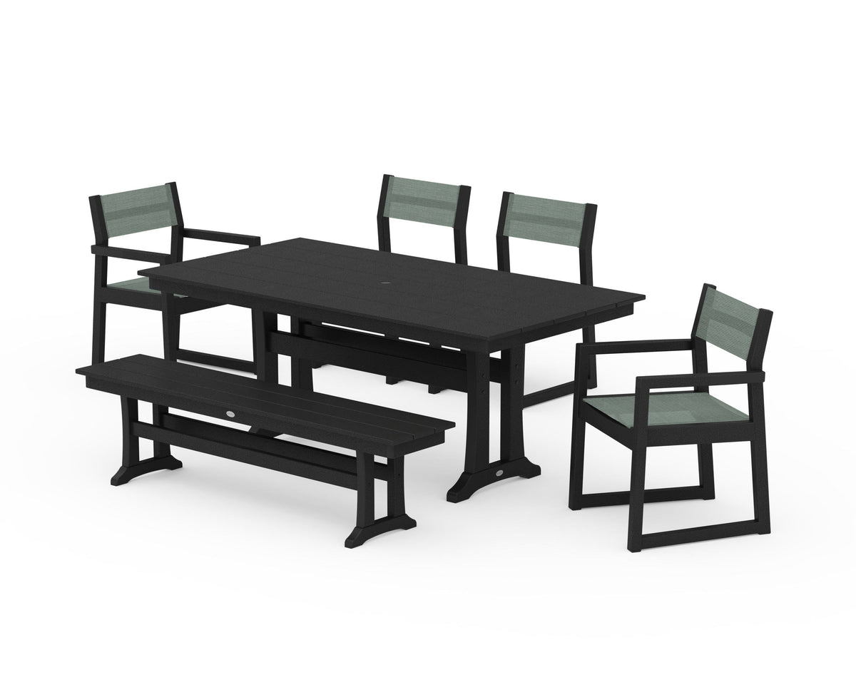 POLYWOOD EDGE Sling 6-Piece Farmhouse Dining Set With Trestle Legs in Black / Dupioni Sea Mist