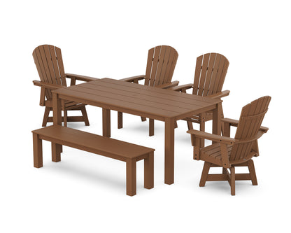 POLYWOOD Nautical Curveback Adirondack Swivel 6-Piece Parsons Dining Set with Bench in Teak