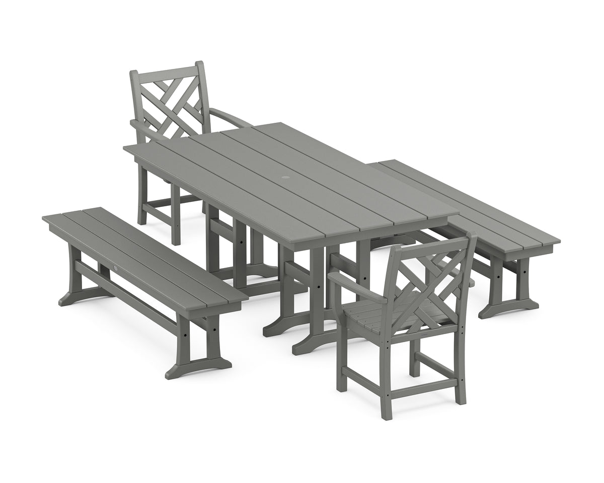 POLYWOOD Chippendale 5-Piece Farmhouse Dining Set with Benches in Slate Grey