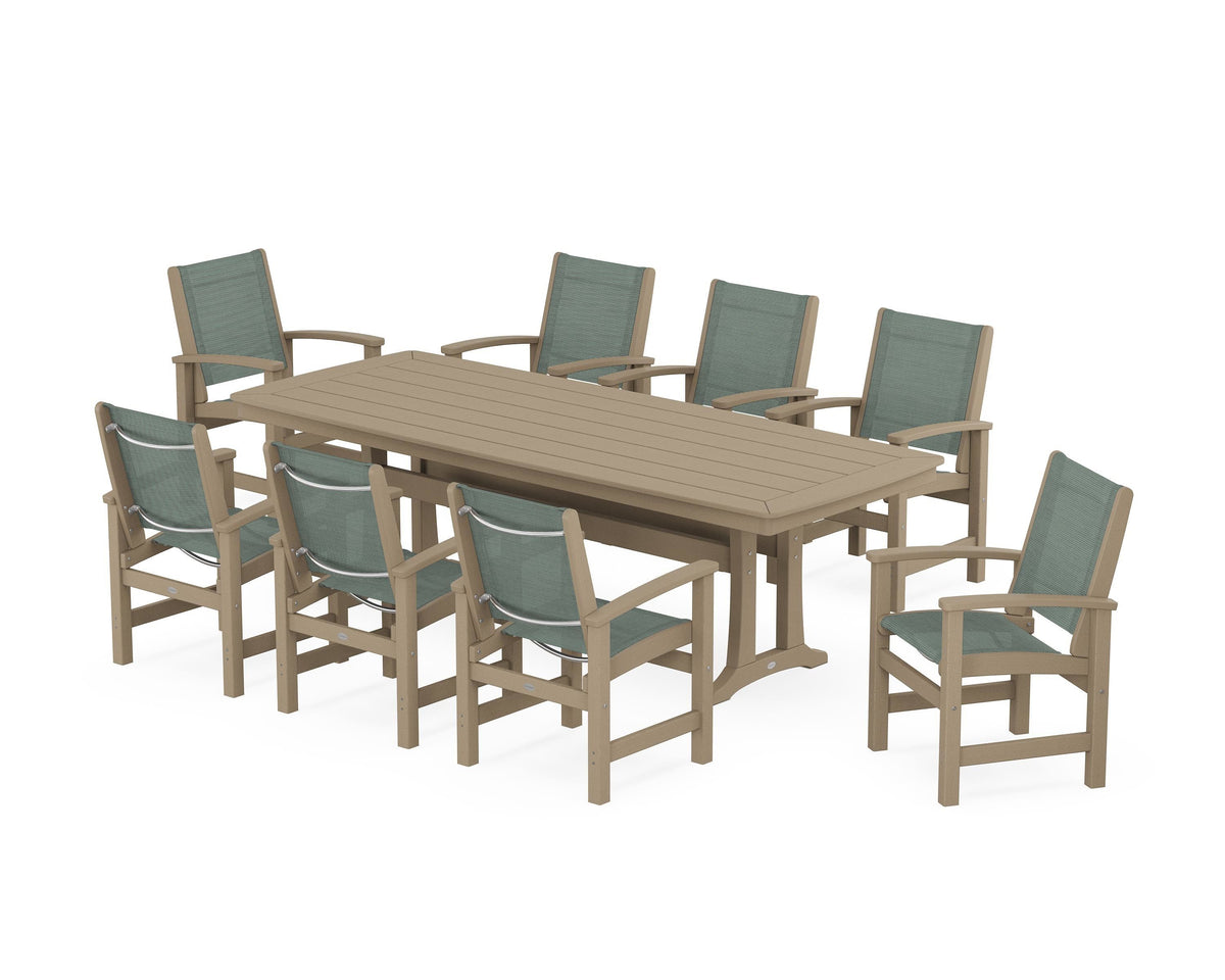 POLYWOOD Coastal 9-Piece Dining Set with Trestle Legs in Vintage Sahara / Dupioni Sea Mist