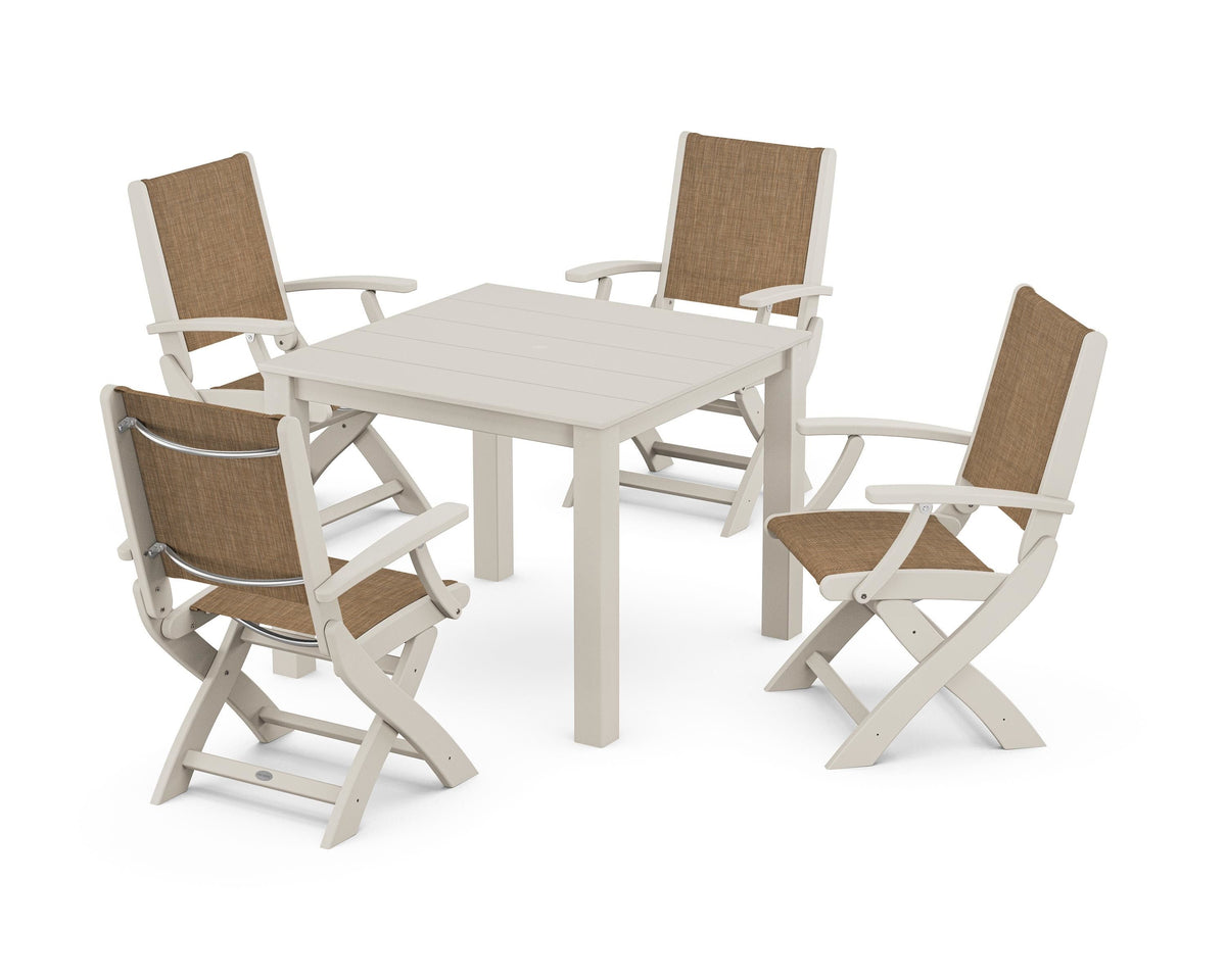 POLYWOOD Coastal Folding Chair 5-Piece Parsons Dining Set in Sand / Burlap